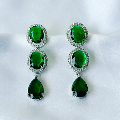 Ariva Collection Green Emerald Cubic Zircon American Diamond Silver Plated Earrings