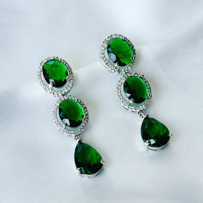 Ariva Collection Green Emerald Cubic Zircon American Diamond Silver Plated Earrings