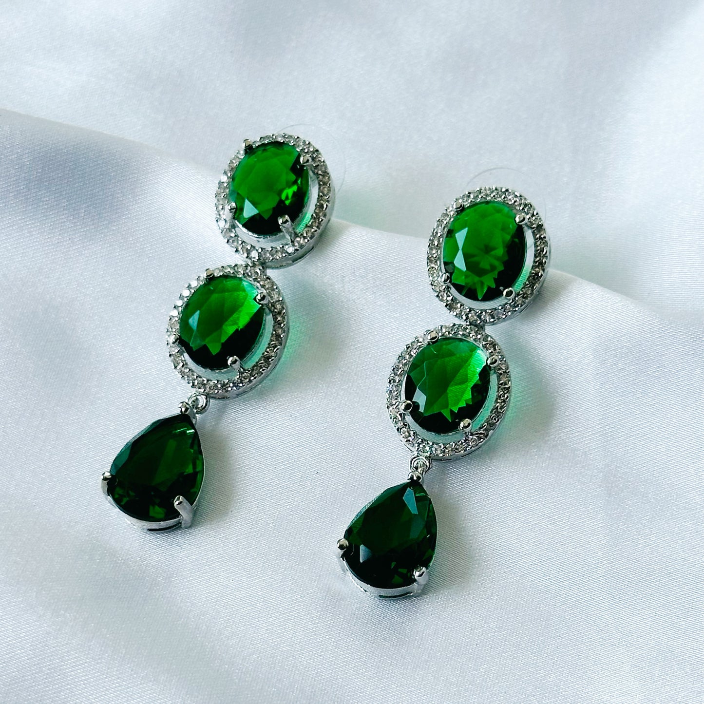 Ariva Collection Green Emerald Cubic Zircon American Diamond Silver Plated Earrings