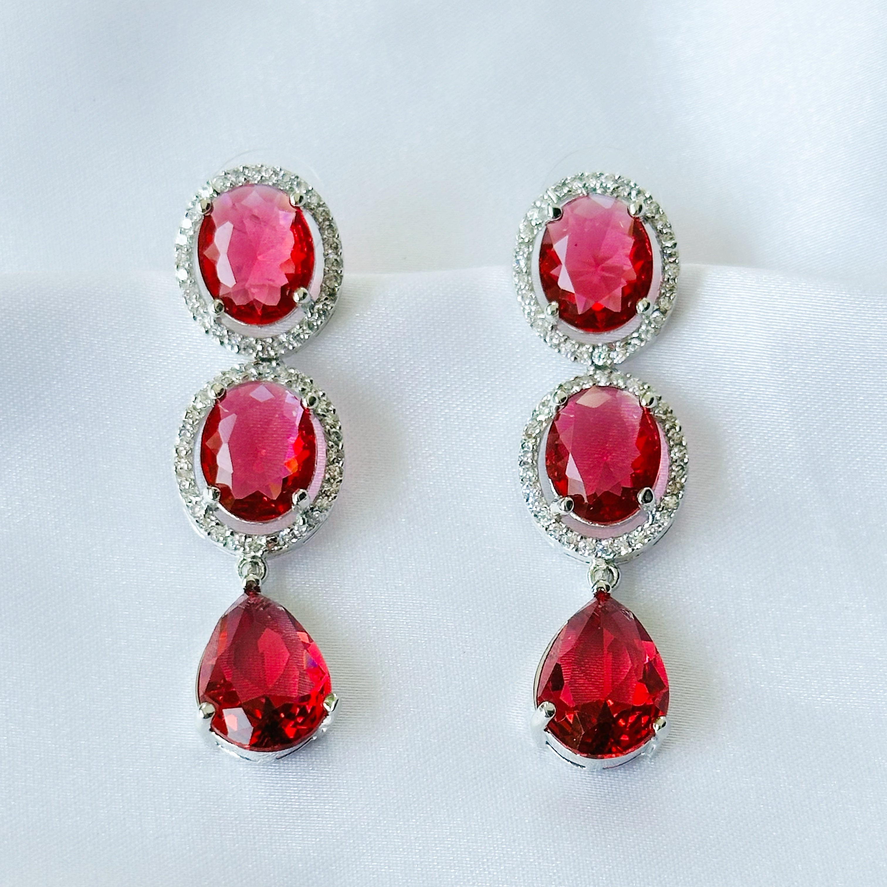 Ariva Collection Red Ruby Cubic Zircon American Diamond Silver Plated Earrings