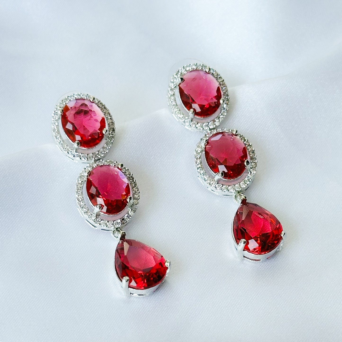 Ariva Collection Red Ruby Cubic Zircon American Diamond Silver Plated Earrings