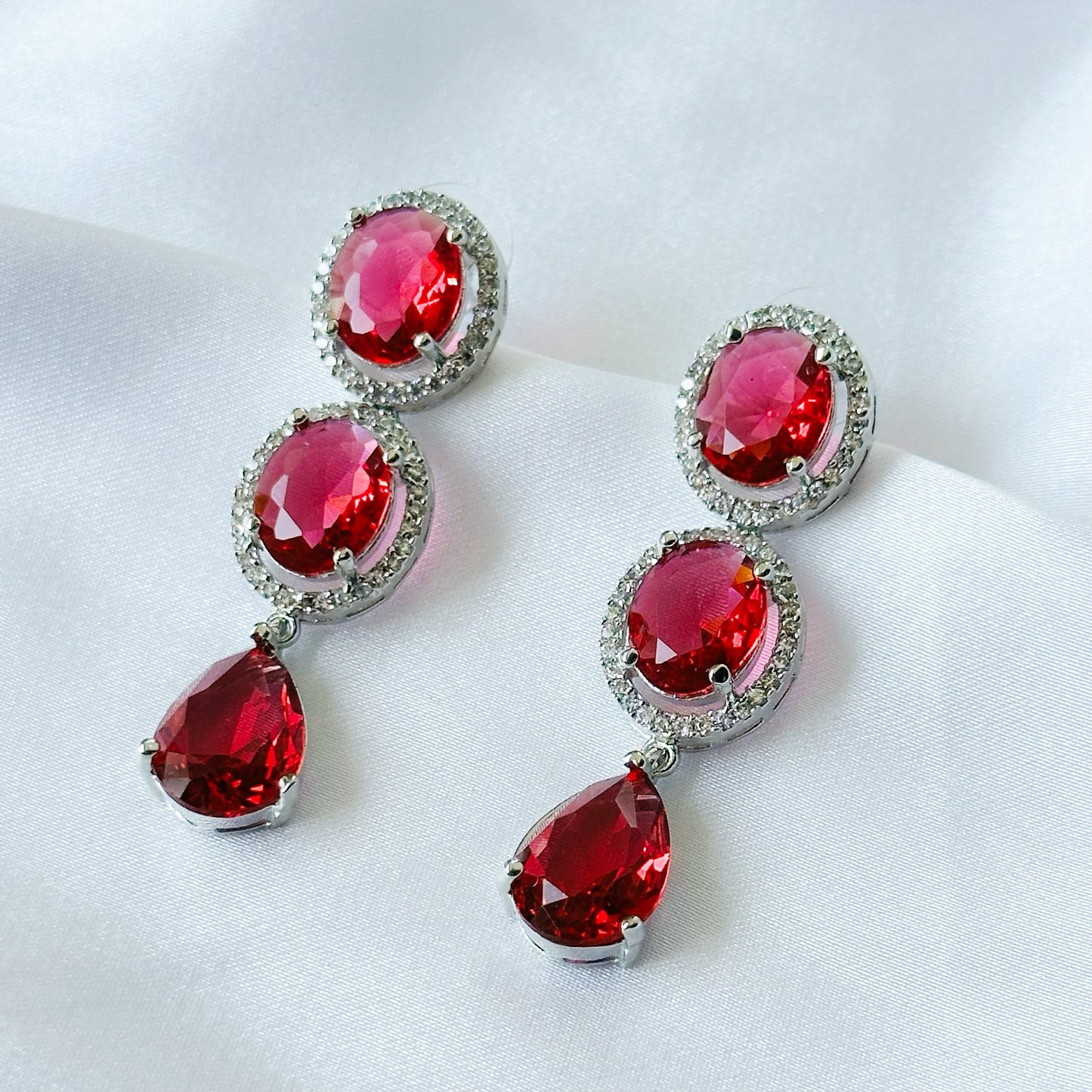 Ariva Collection Red Ruby Cubic Zircon American Diamond Silver Plated Earrings