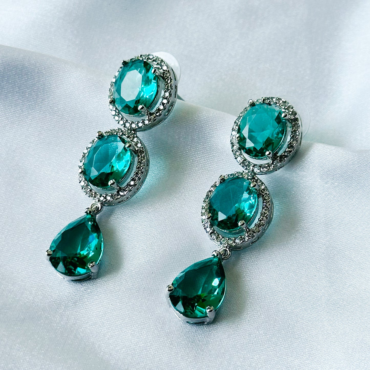 Ariva Collection Sea Green Topaz Cubic Zircon American Diamond Silver Plated Earrings