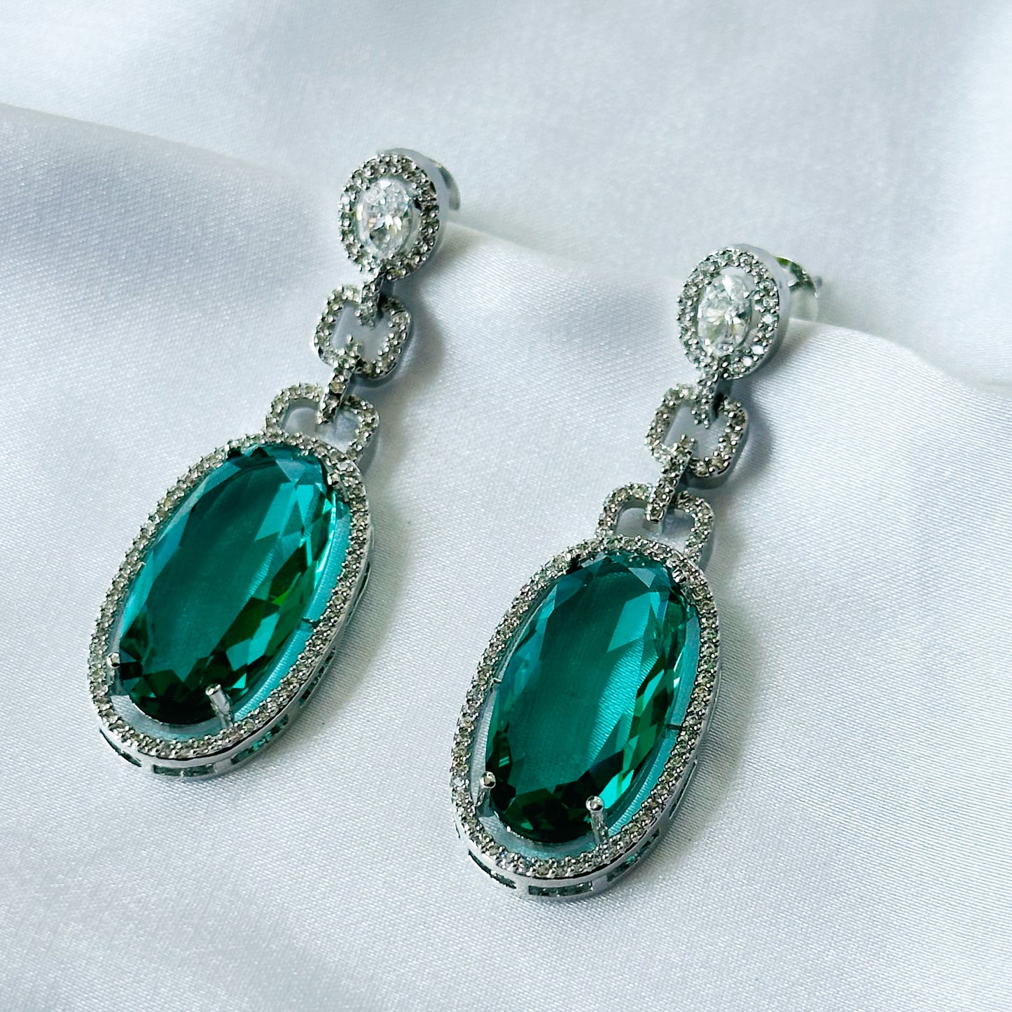 Ariva Collection Sea Green Topaz Cubic Zircon American Diamond Silver Plated Earrings