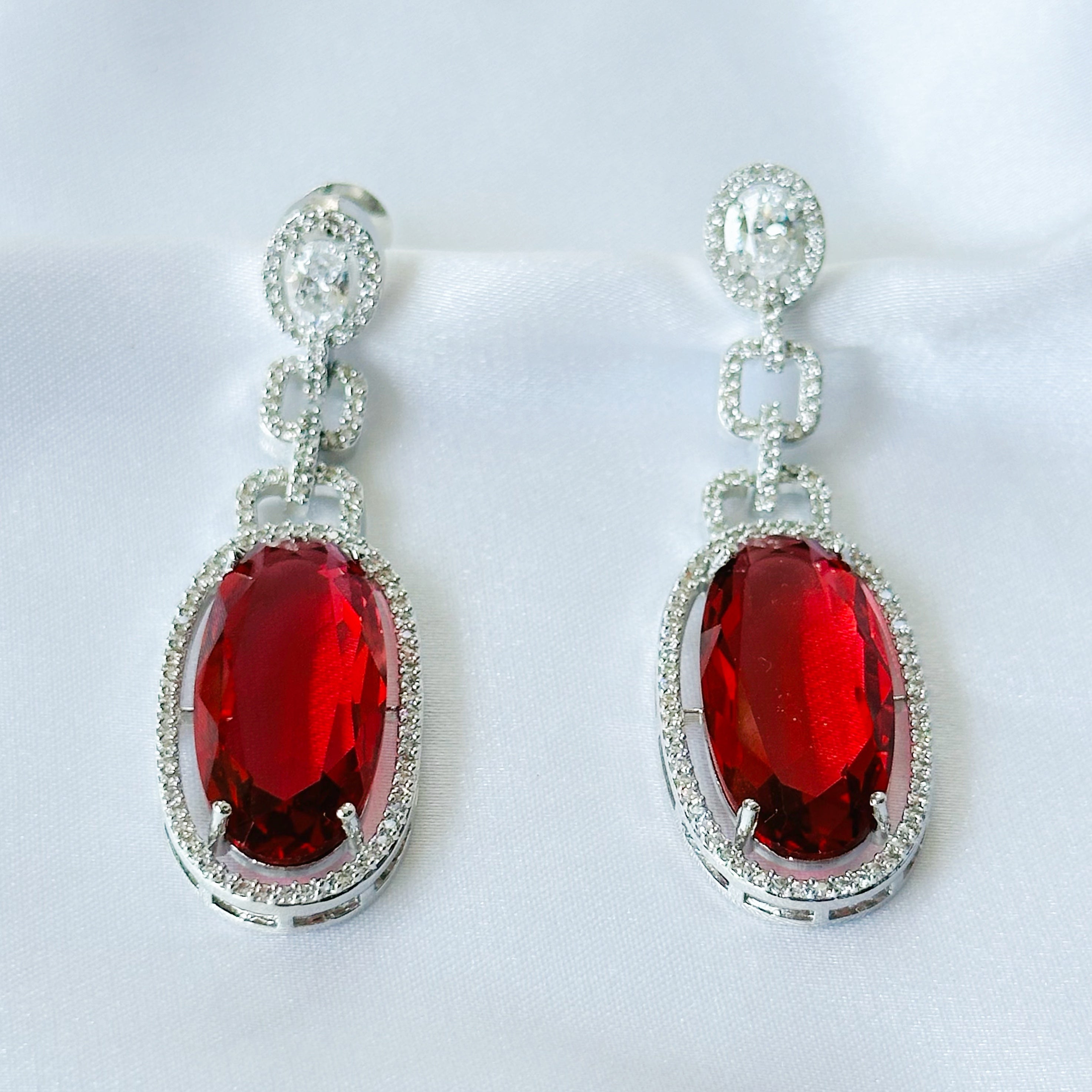 Ariva Collection Red Ruby Cubic Zircon American Diamond Silver Plated Earrings