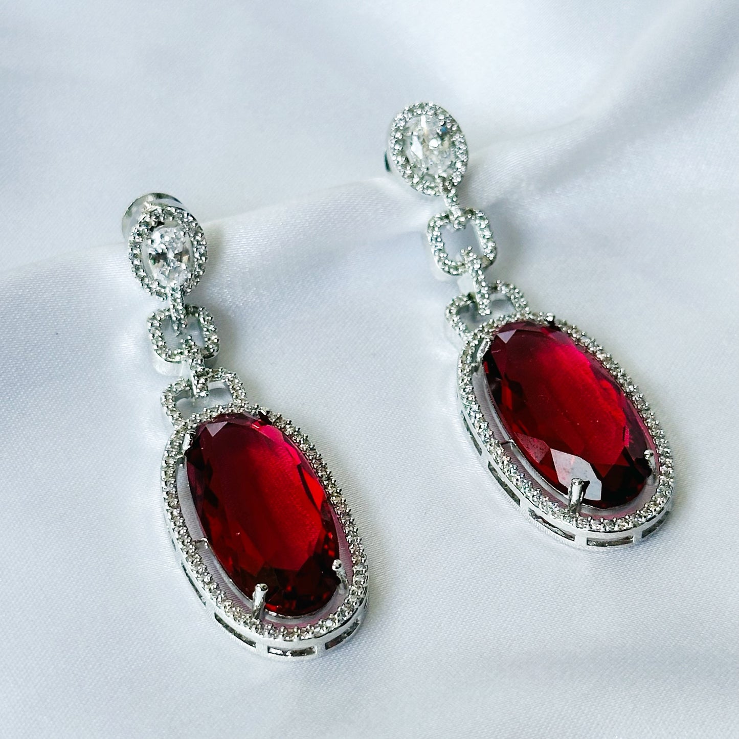 Ariva Collection Red Ruby Cubic Zircon American Diamond Silver Plated Earrings