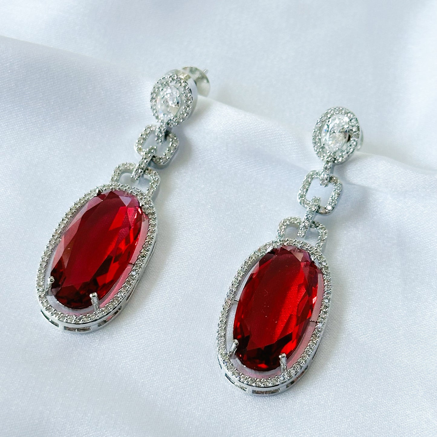 Ariva Collection Red Ruby Cubic Zircon American Diamond Silver Plated Earrings