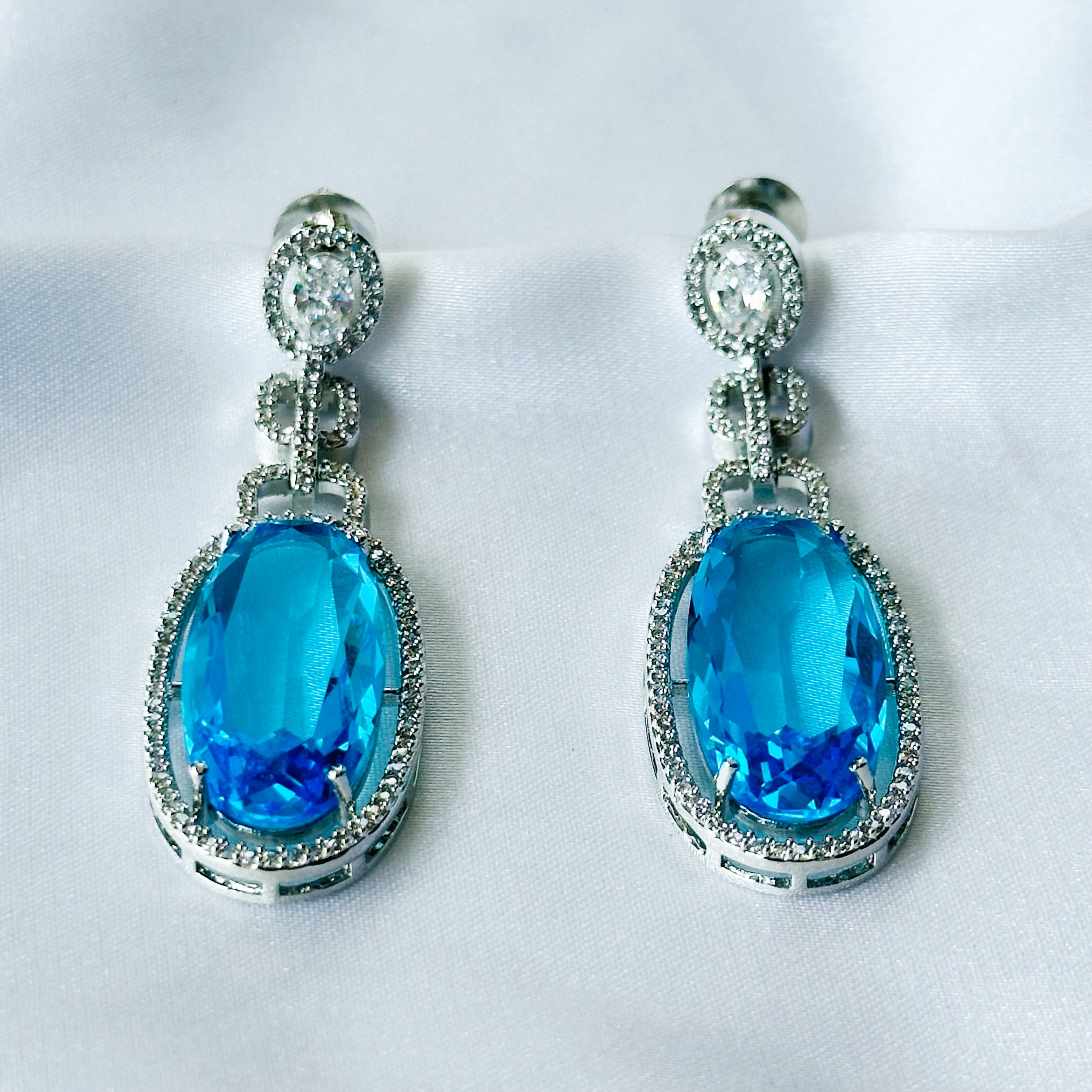 Ariva Collection Aqua Blue Sapphire Cubic Zircon American Diamond Silver Plated Earrings