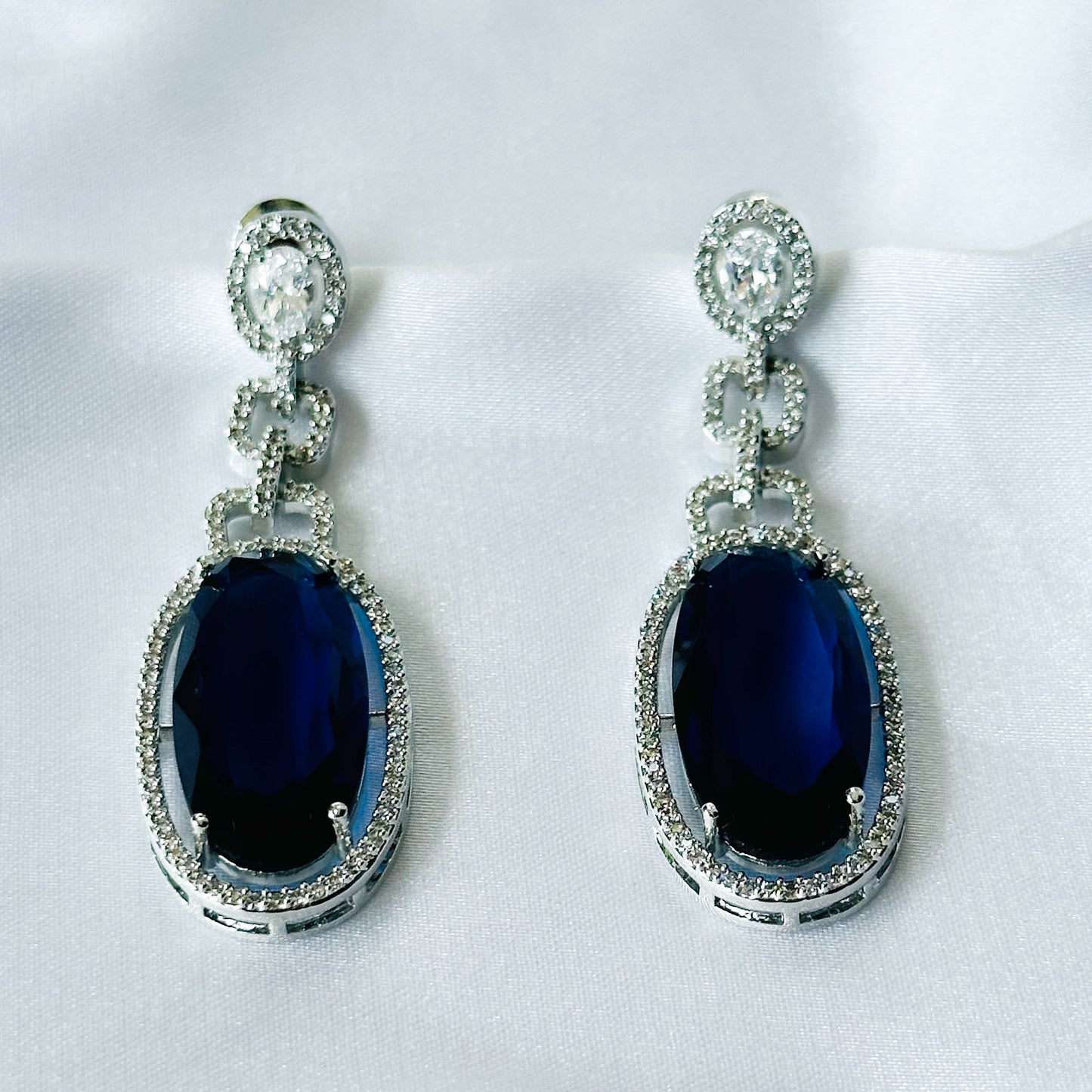 Ariva Collection Blue Sapphire Cubic Zircon American Diamond Silver Plated Earrings