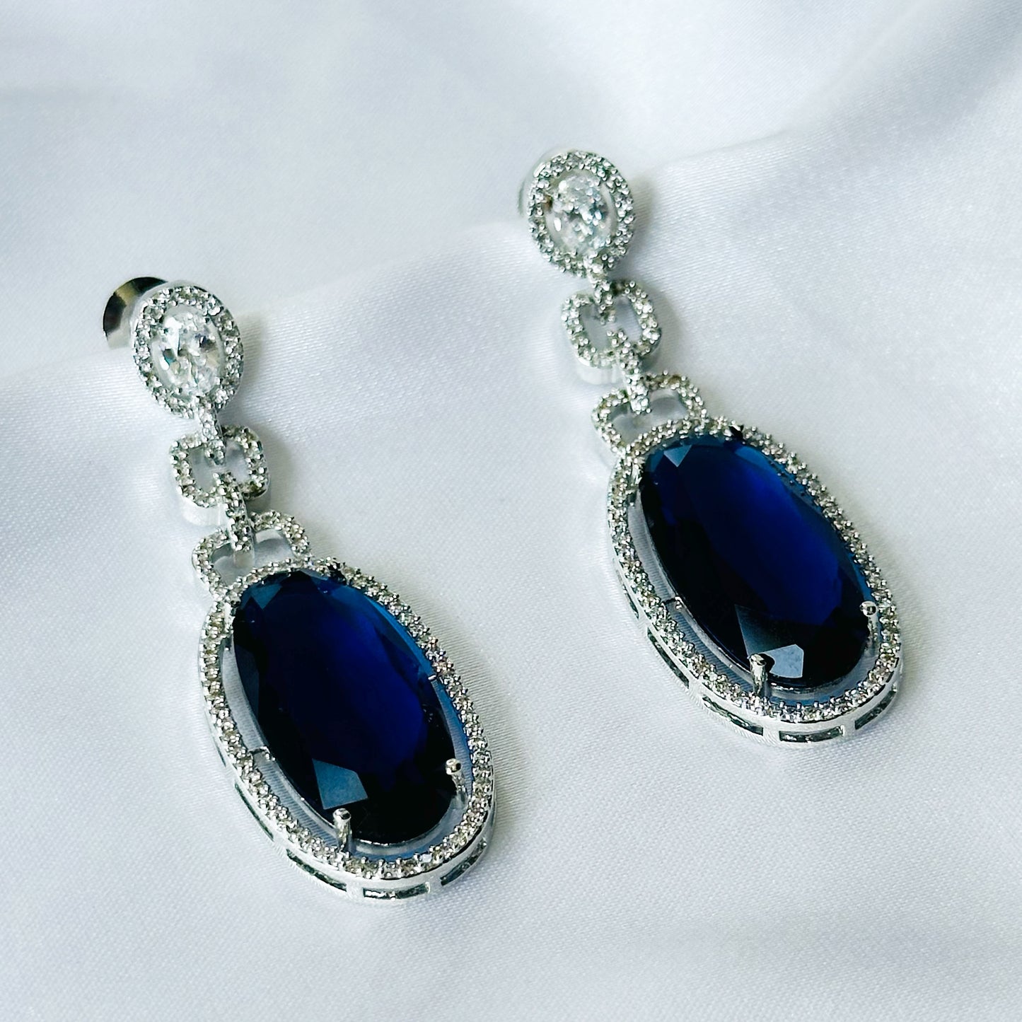 Ariva Collection Blue Sapphire Cubic Zircon American Diamond Silver Plated Earrings