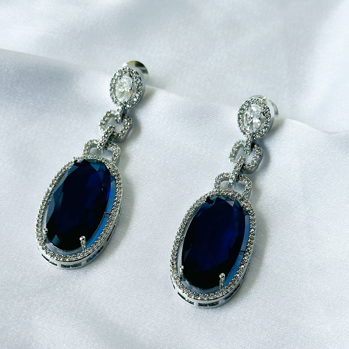 Ariva Collection Blue Sapphire Cubic Zircon American Diamond Silver Plated Earrings